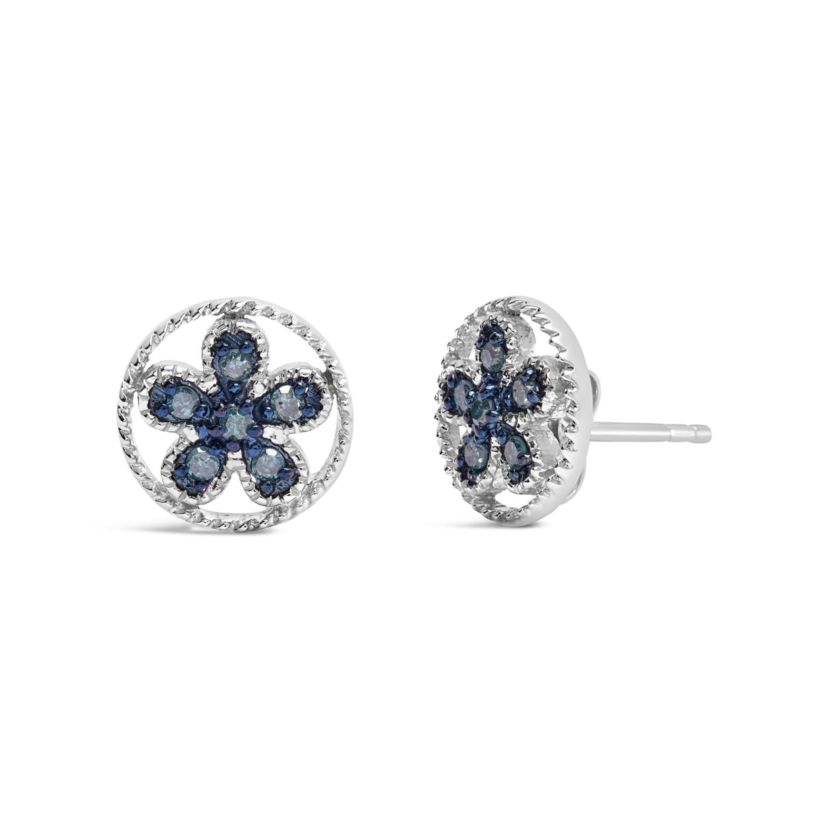 .925 Sterling Silver Blue Diamond Accent Star and Wheel Milgrain Style Stud Earrings (Blue Color, I2-I3 Clarity)