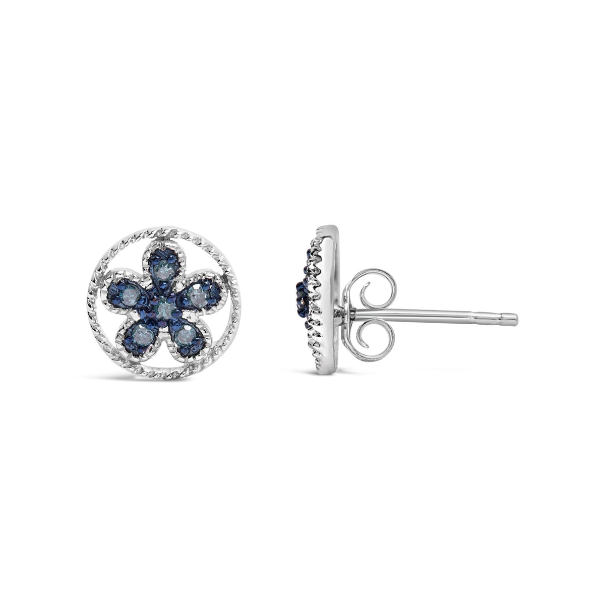 .925 Sterling Silver Blue Diamond Accent Star and Wheel Milgrain Style Stud Earrings (Blue Color, I2-I3 Clarity)