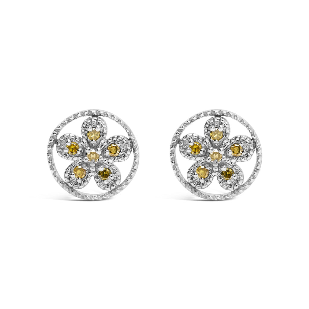 .925 Sterling Silver Yellow Diamond Accent Star and Wheel Milgrain Style Stud Earrings (Yellow Color, I2-I3 Clarity)