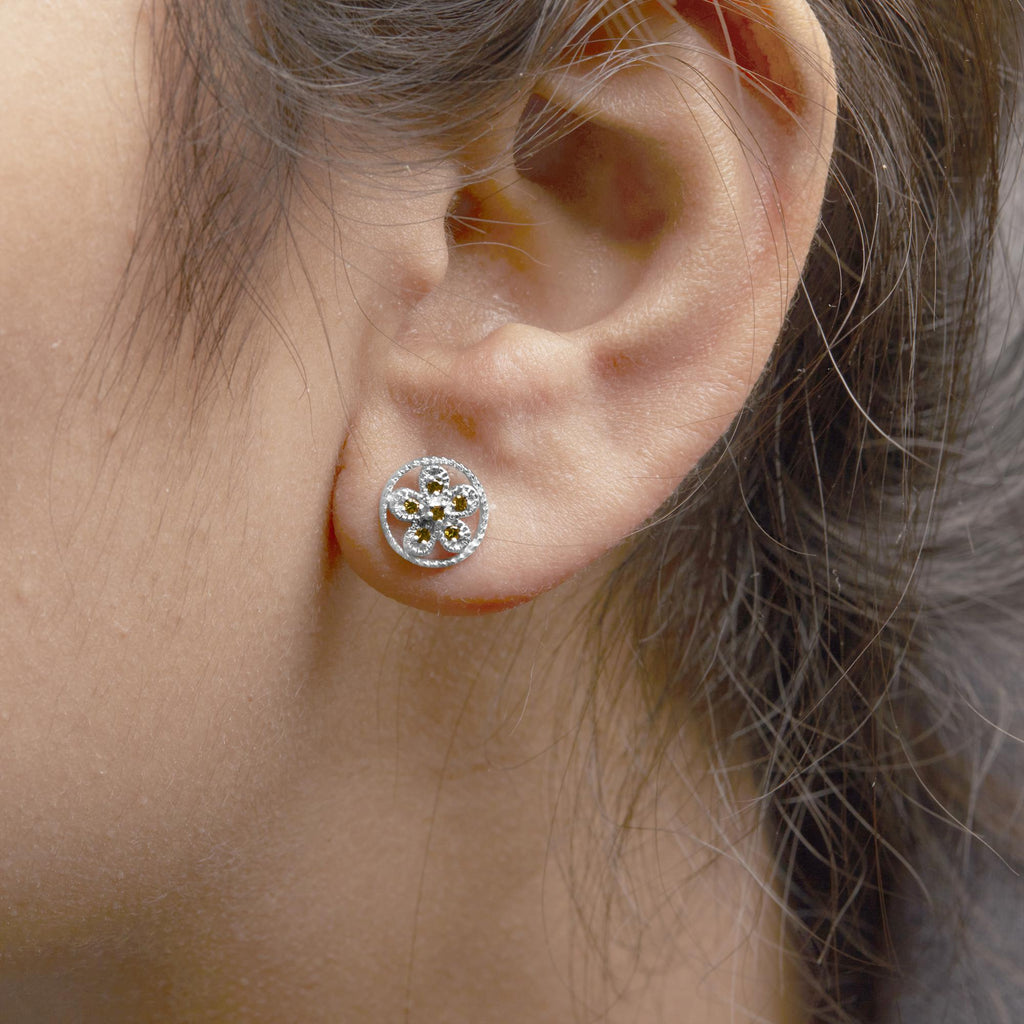 .925 Sterling Silver Yellow Diamond Accent Star and Wheel Milgrain Style Stud Earrings (Yellow Color, I2-I3 Clarity)