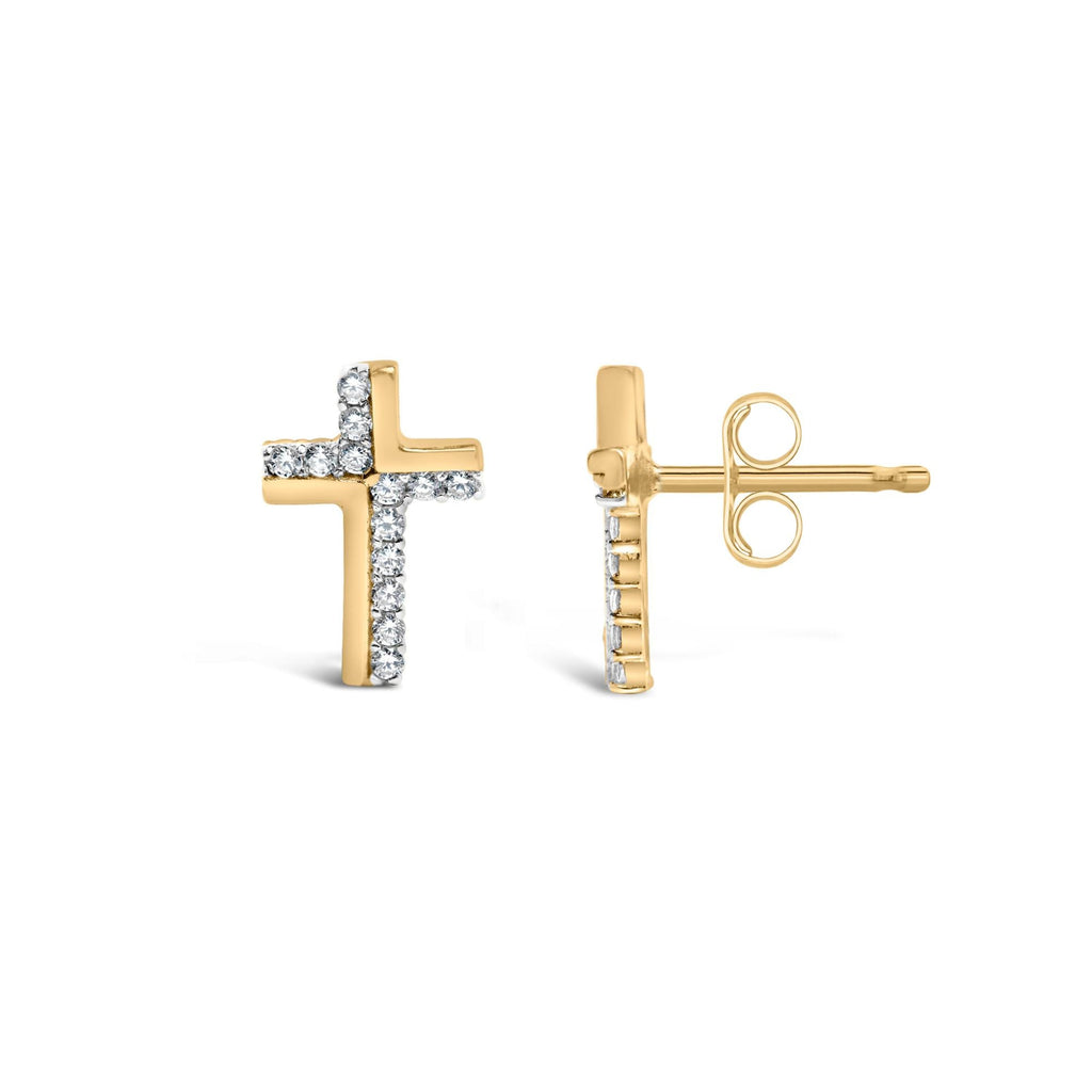 14K Yellow Gold Plated .925 Sterling Silver 1/10 Cttw Diamond Cross Stud Earring (I-J Color, I3 Clarity)