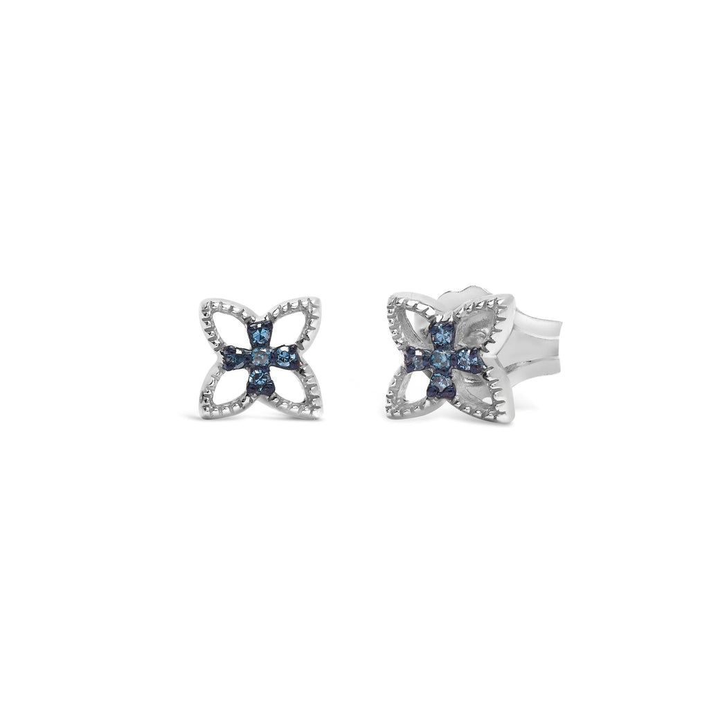 .925 Sterling Silver Blue Diamond Accent 4 Petal Flower Stud Earring (Blue Color, SI1-SI2 Clarity)
