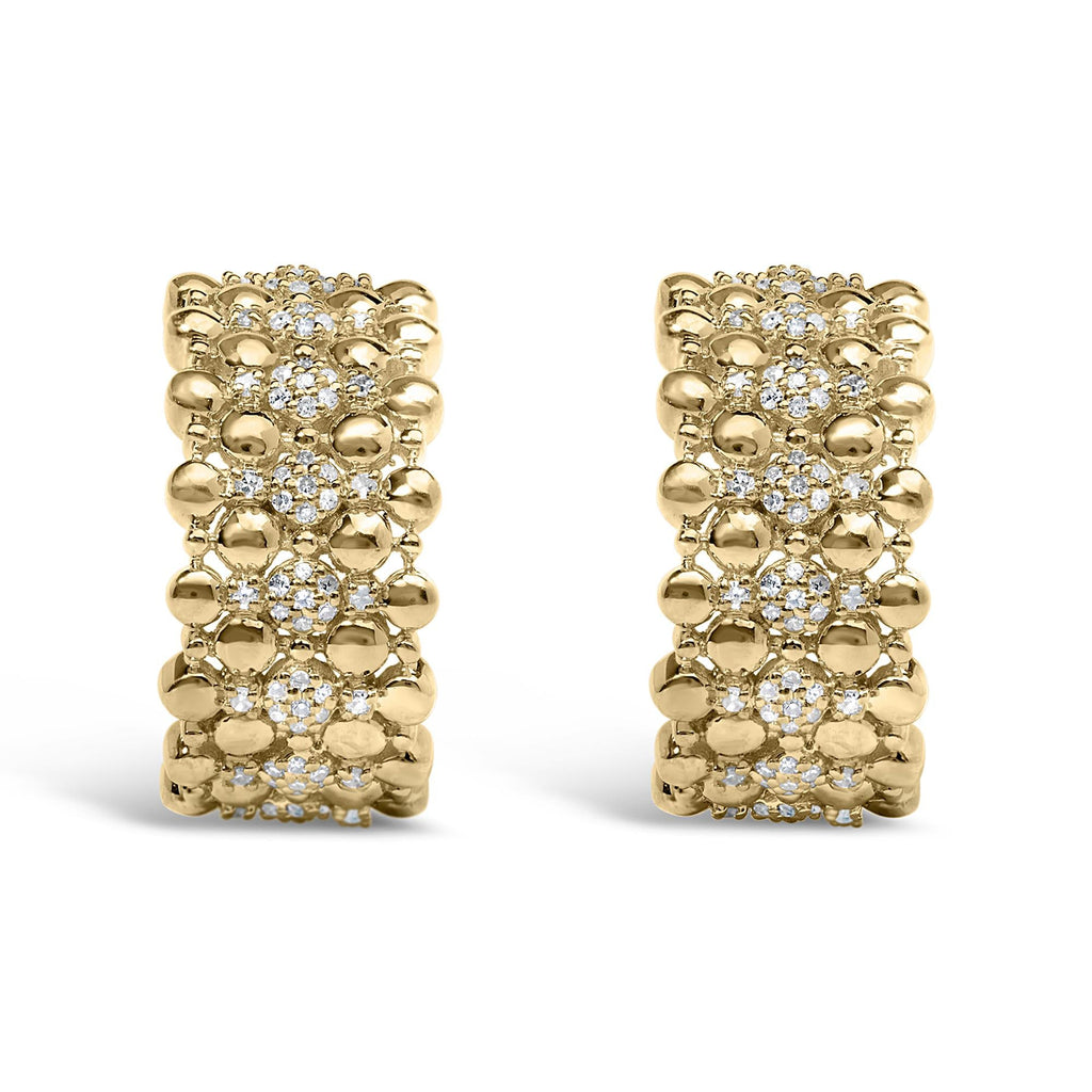 14K Yellow Gold Plated .925 Sterling Silver 3/8 Cttw Diamond and Ball Bead J Hoop Earrings (H-I Color, I1-I2 Clarity)