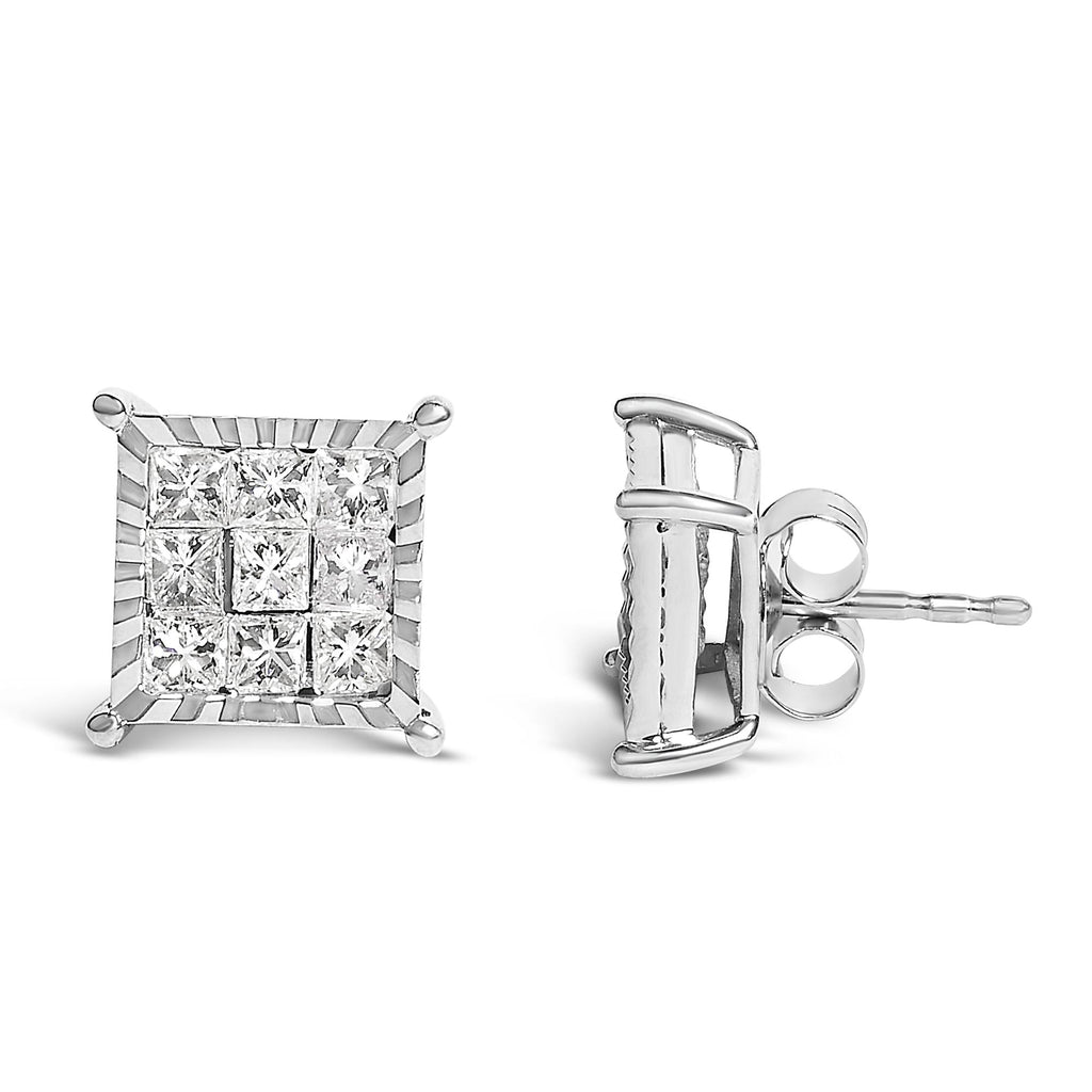 Sterling Silver 1.0 Cttw Princess Diamond Composite Square Stud Earrings