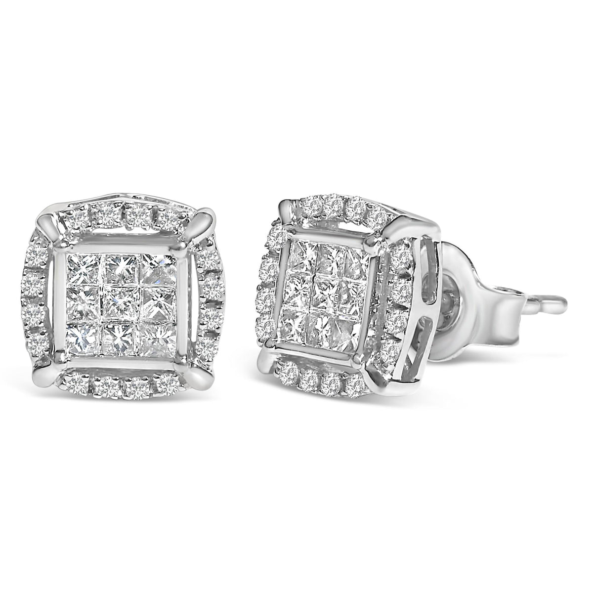 Sterling Silver 1/2 Cttw Princess Cut Diamond Composite and Halo Stud Earrings