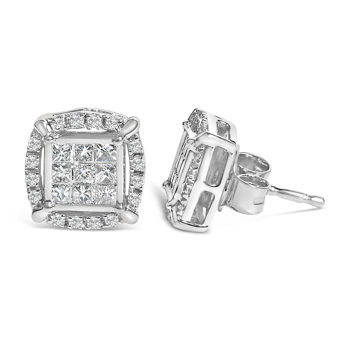 Sterling Silver 1/2 Cttw Princess Cut Diamond Composite and Halo Stud Earrings