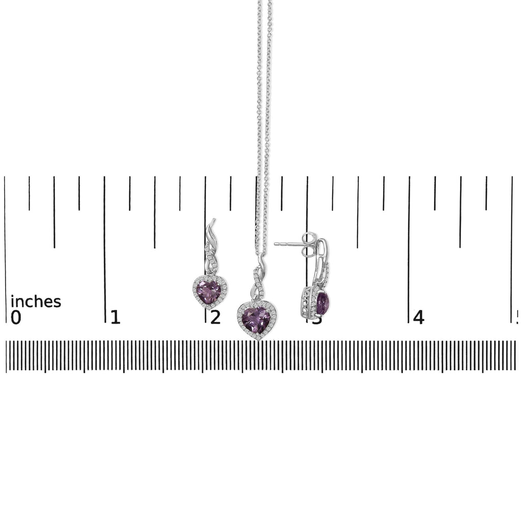 .925 Sterling Silver Heart Shape Purple Amethyst and White Sapphire Halo Earring Necklace Set