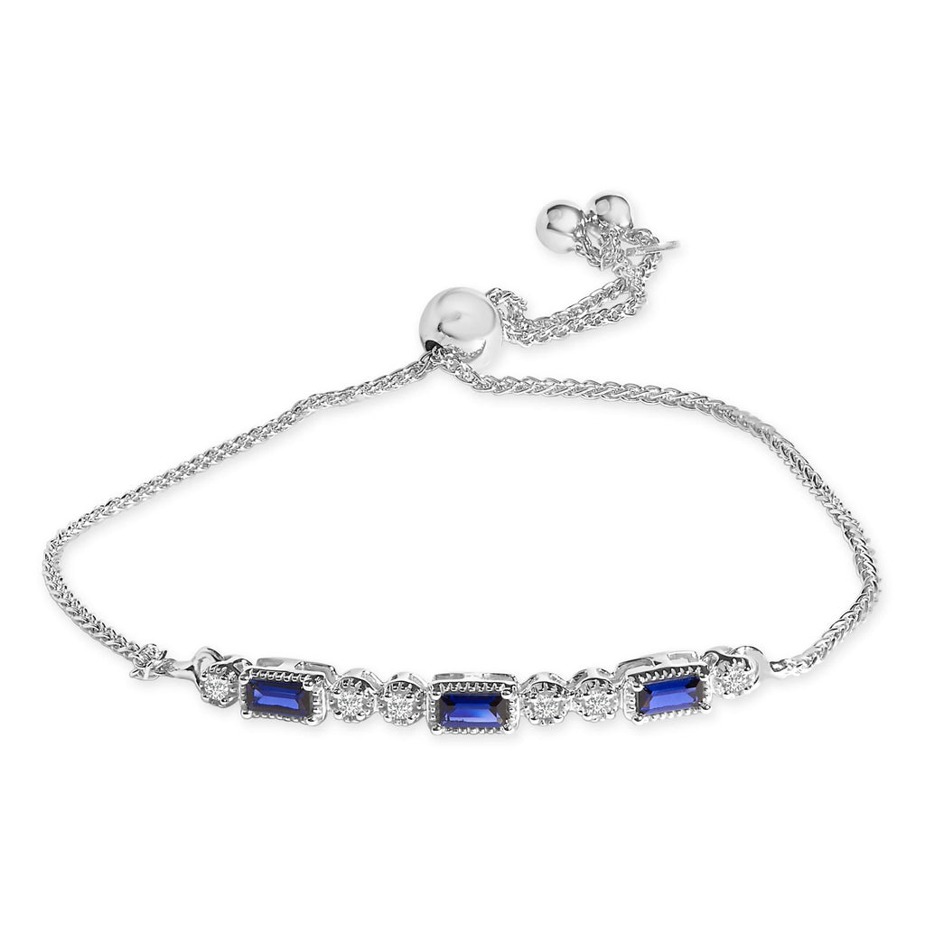 .925 Sterling Silver Created Blue Sapphire and White Sapphire Bolo Bracelet