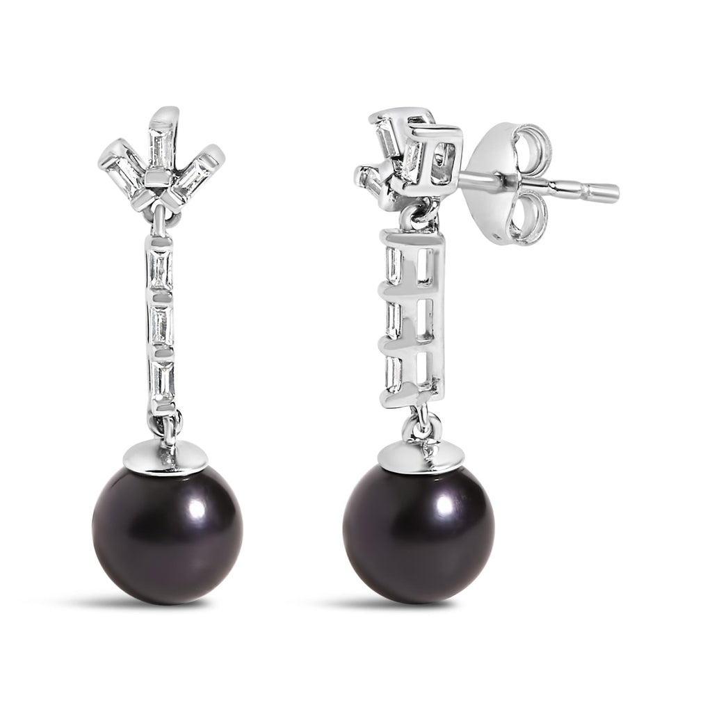 .925 Sterling silver 7MM Cultured Black Pearl and White sapphire Drop and Dangle Earring