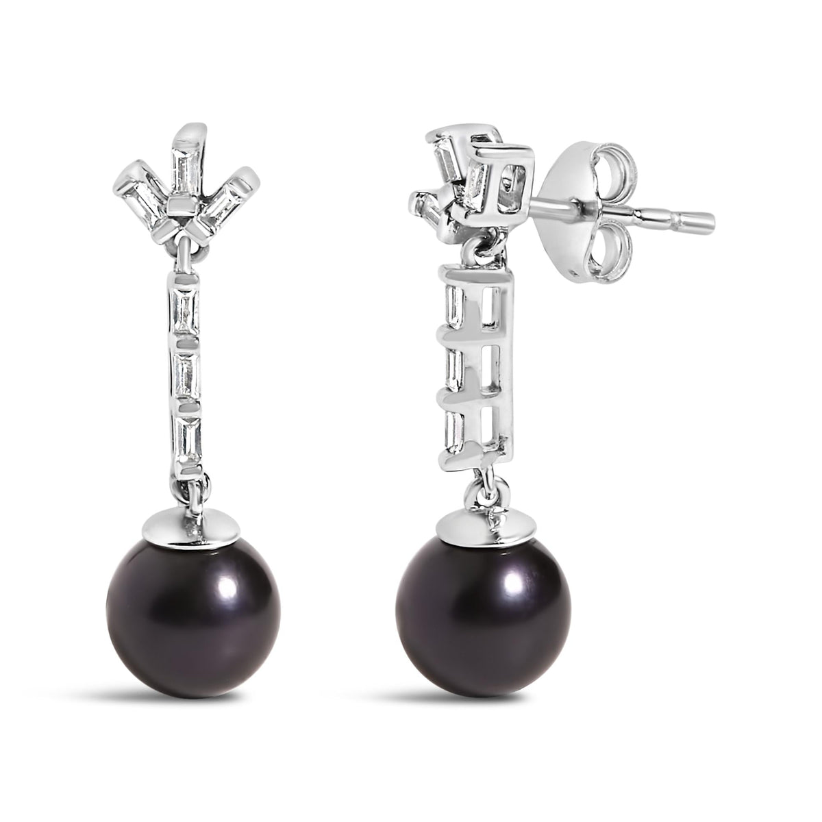 .925 Sterling silver 7MM Cultured Black Pearl and White sapphire Drop and Dangle Earring