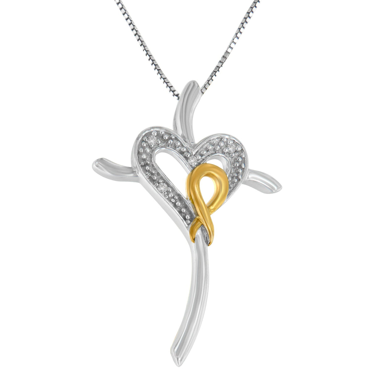10K Yellow and White Gold Plated .925 Sterling Silver 1/25 Cttw Diamond Heart-Cross 18" Pendant Necklace (H-I Color, I2-I3 Clarity)