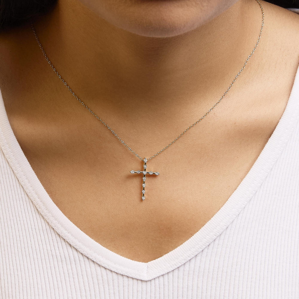 14K Yellow Gold Plated .925 Sterling Silver Miracle Set Diamond Accent Cross 18" Pendant Necklace (H-I Color, I2 Clarity)