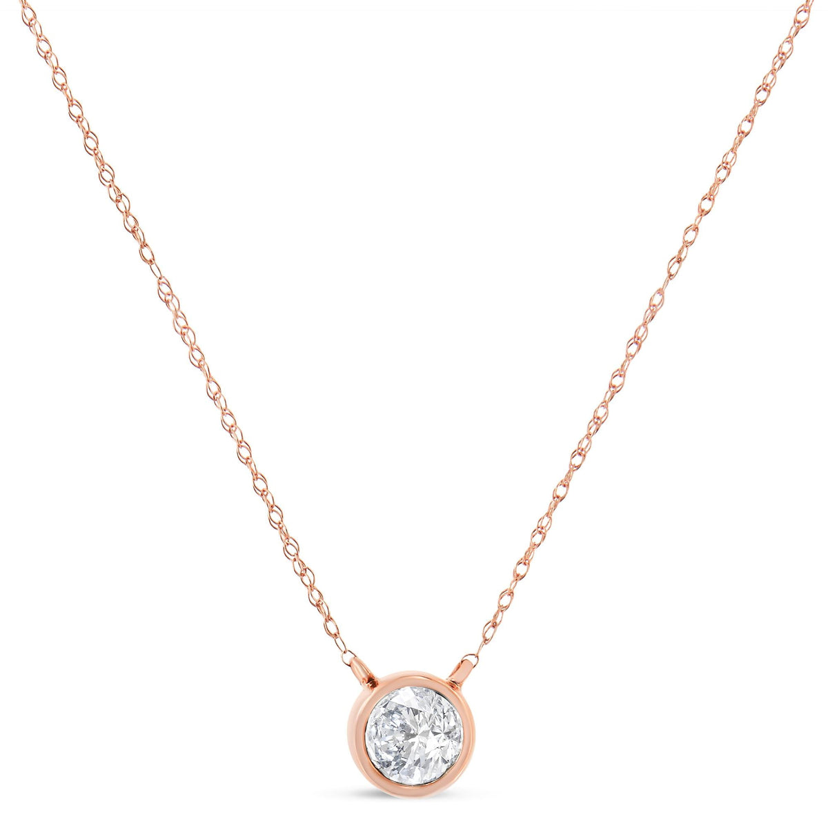 AGS Certified 10K Rose Gold 1/5 Cttw Bezel Set Round Diamond Solitaire 16-18" Adjustable Pendant Necklace (H-I Color, VS1-VS2 Clarity)