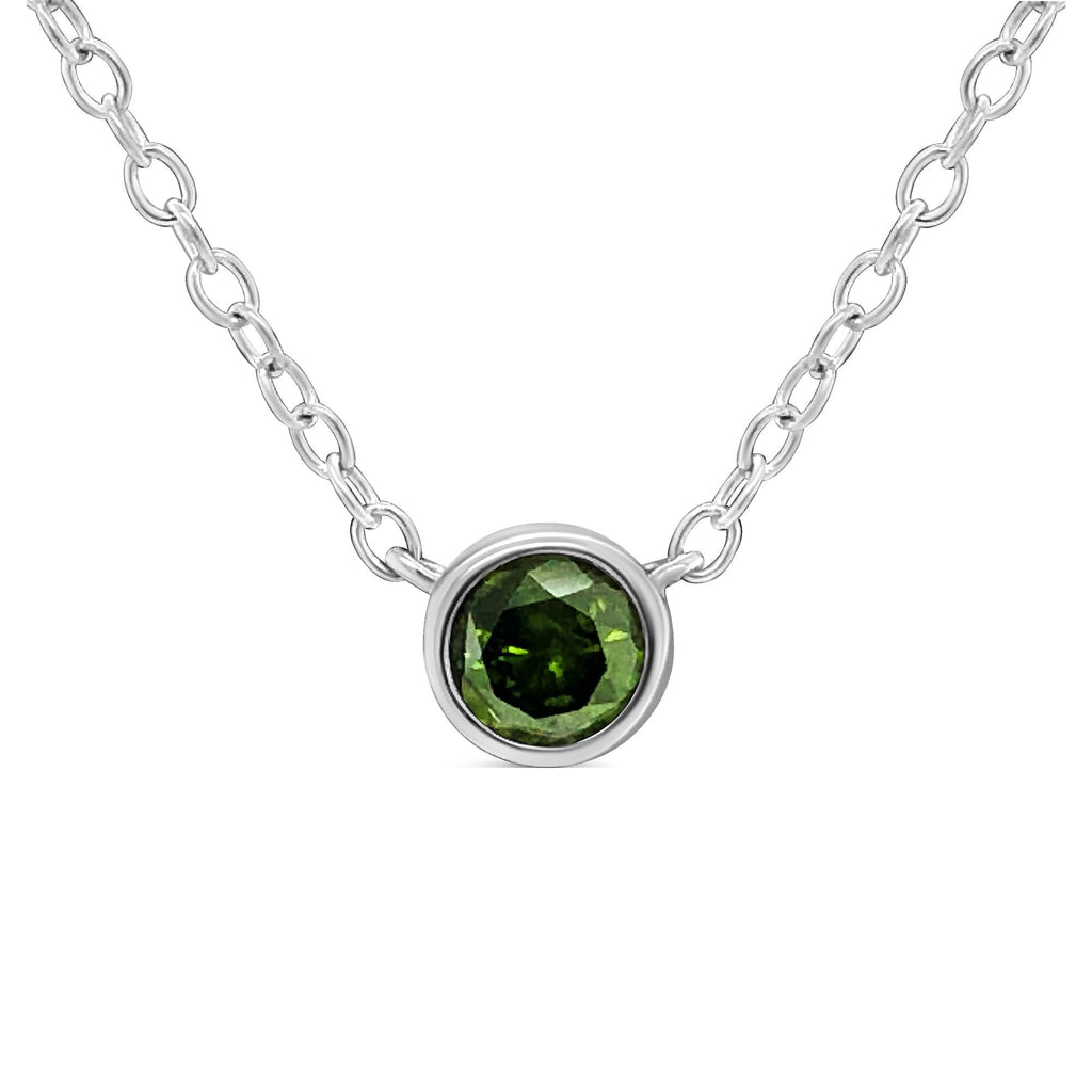 .925 Sterling Silver 1/5 Cttw Treated Green Diamond Solitaire Bezel 18" Pendant Necklace (Green Color, I1-I2 Clarity)
