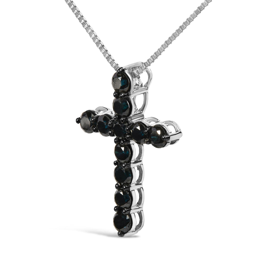 .925 Sterling Silver and Black Rhodium 1.0 Cttw Black Diamond Cross Pendant Necklace (Black Color, I2-I3 Clarity) - 18" Inches