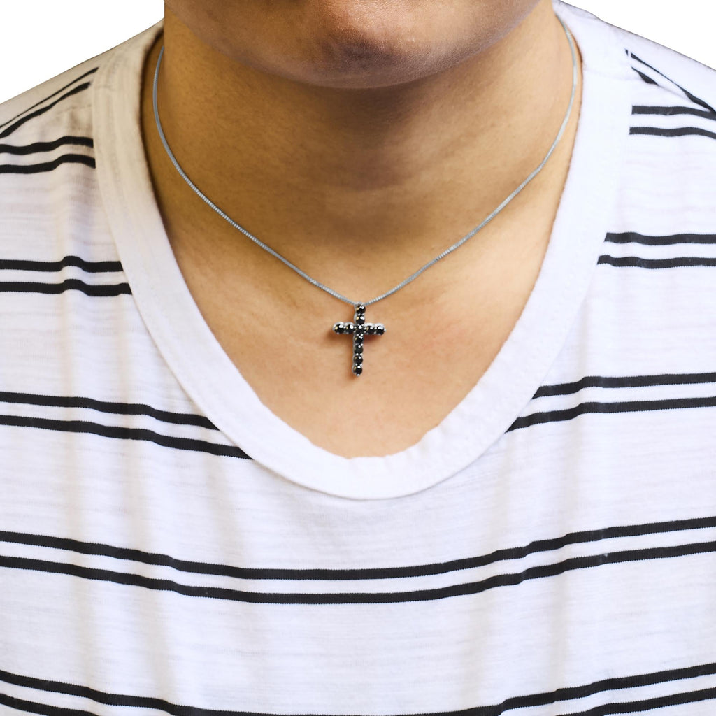 .925 Sterling Silver and Black Rhodium 1.0 Cttw Black Diamond Cross Pendant Necklace (Black Color, I2-I3 Clarity) - 18" Inches