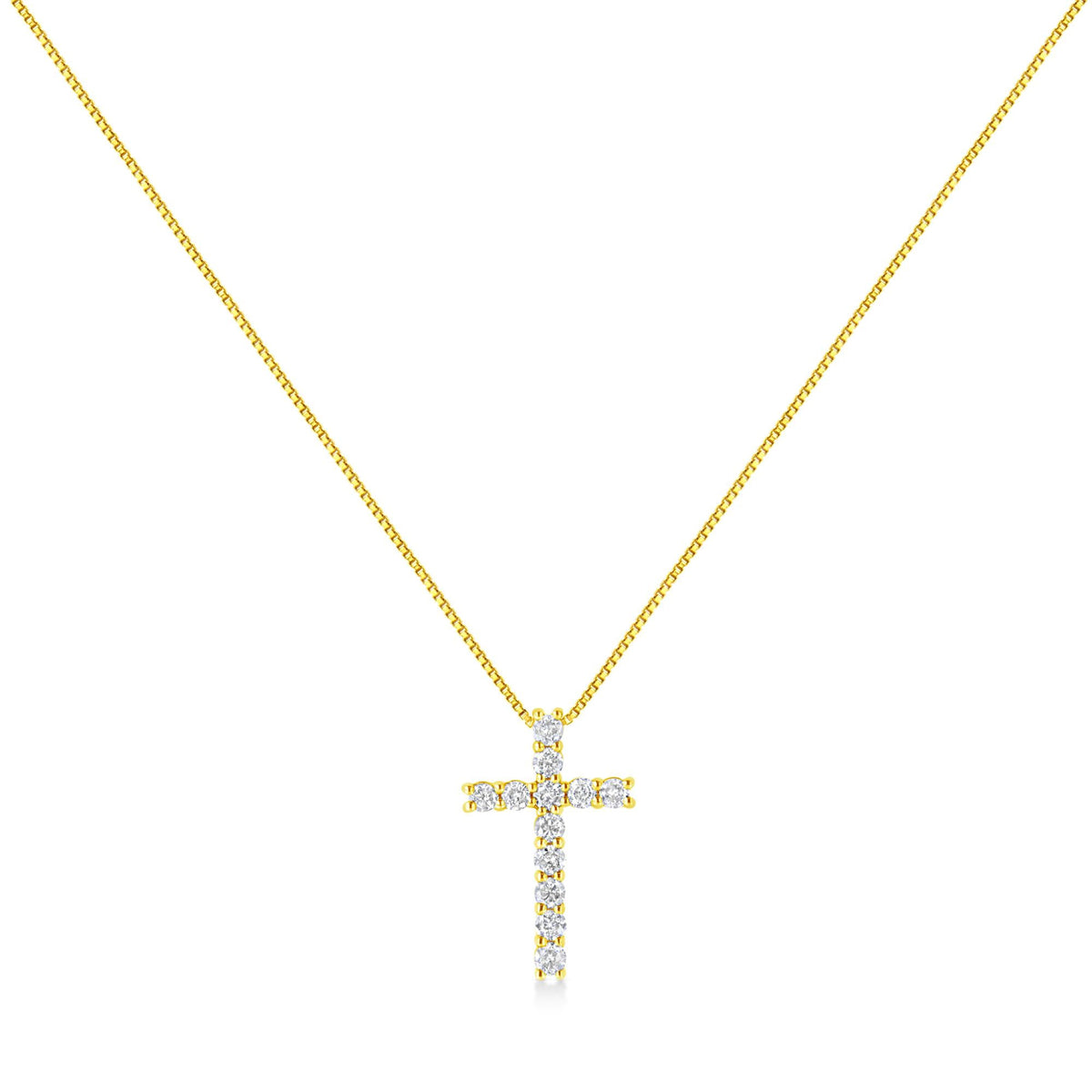 10K Yellow Gold 1/2 Cttw Round Brilliant Cut Diamond Cross 18" Pendant Necklace (J-K Color, I2-I3 Clarity)