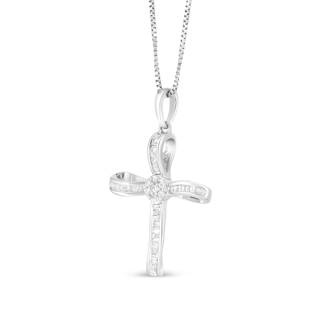 .925 Sterling Silver 1/4 Cttw Diamond Floral Cluster Cross Pendant Necklace (I-J Color, I2-I3 Clarity)