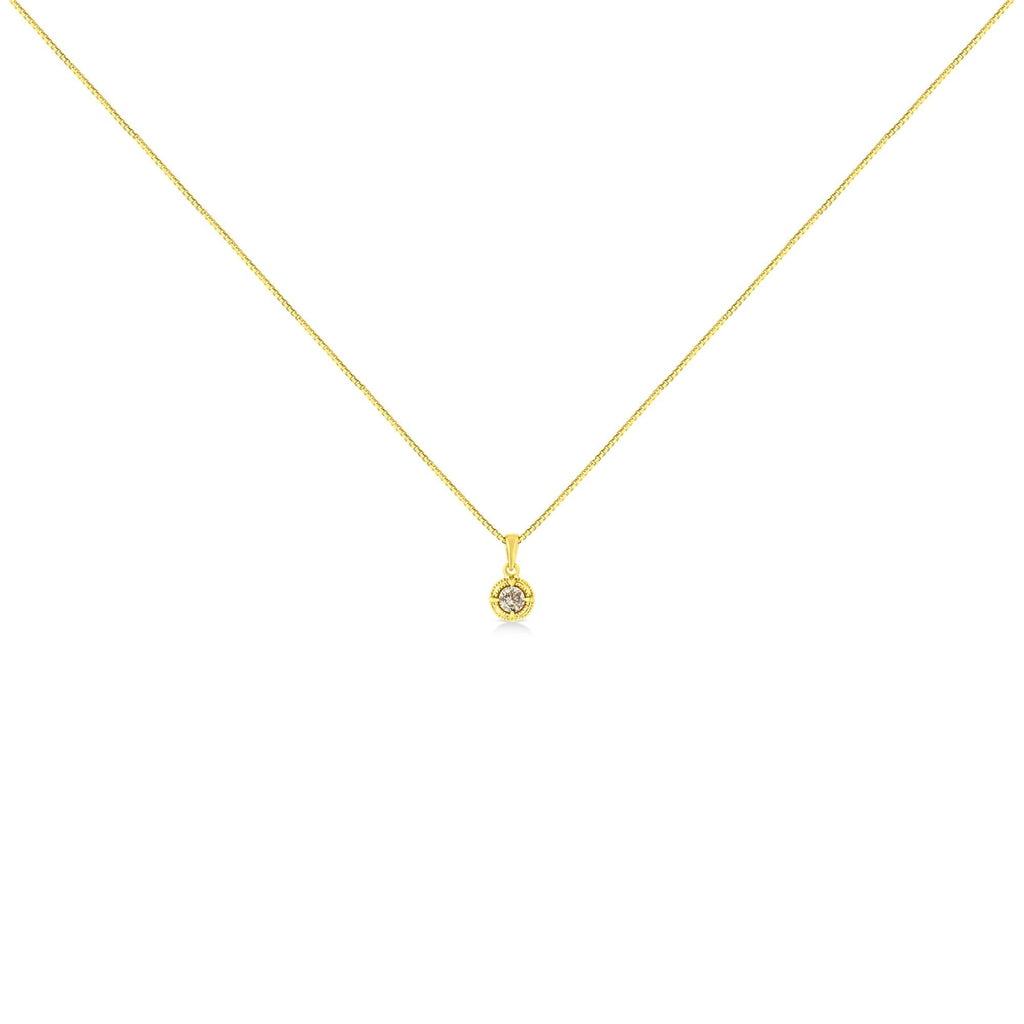 14K Yellow Gold Plated .925 Sterling Silver Brilliant Round Cut Diamond Solitaire Milgrain 18" Pendant Necklace