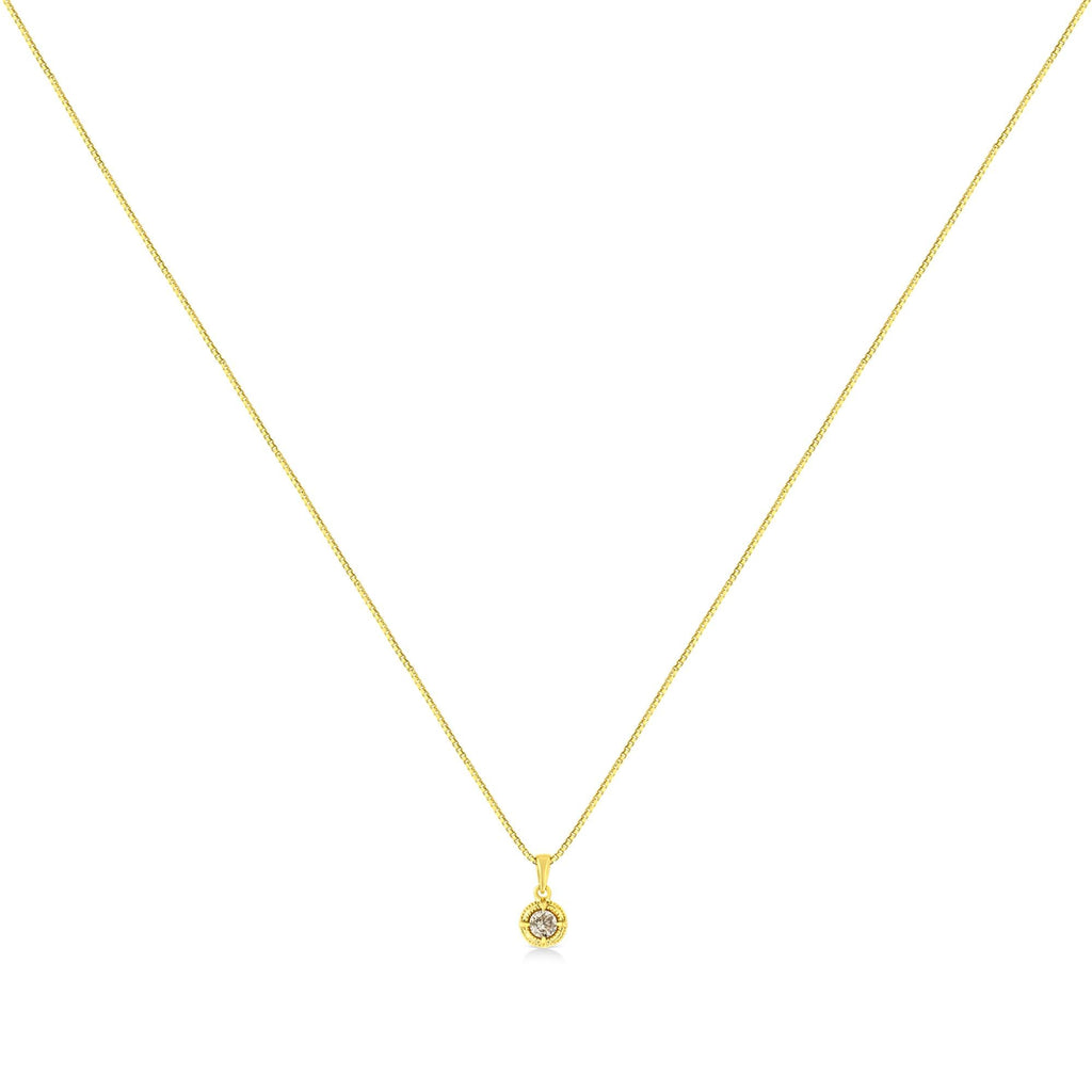 14K Yellow Gold Plated .925 Sterling Silver Brilliant Round Cut Diamond Solitaire Milgrain 18" Pendant Necklace