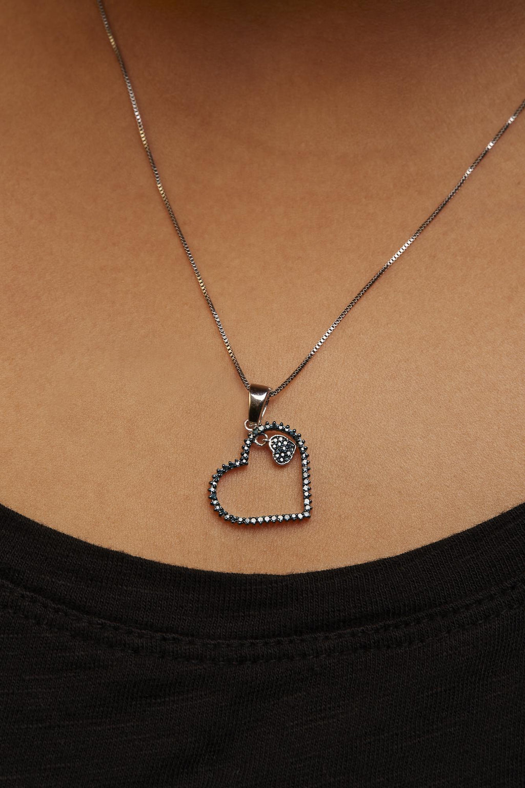 925 Sterling Silver 1/3ct TDW  Blue Treated  Diamond Heart Pendant Necklace