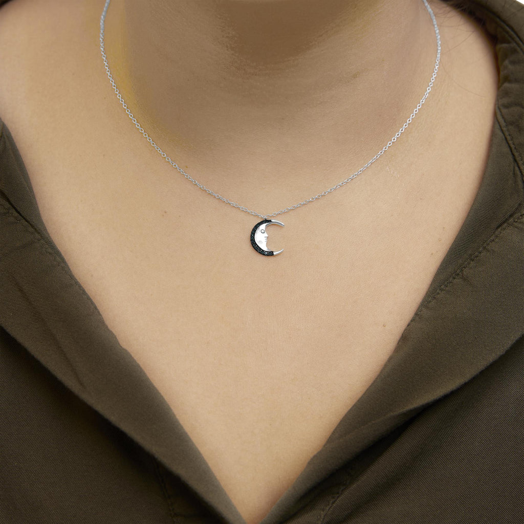 .925 Sterling Silver 1/10ct Blue Diamond Crescent Man on the Moon 18" Pendant Necklace (Blue Color, SI1-SI2 Clarity)