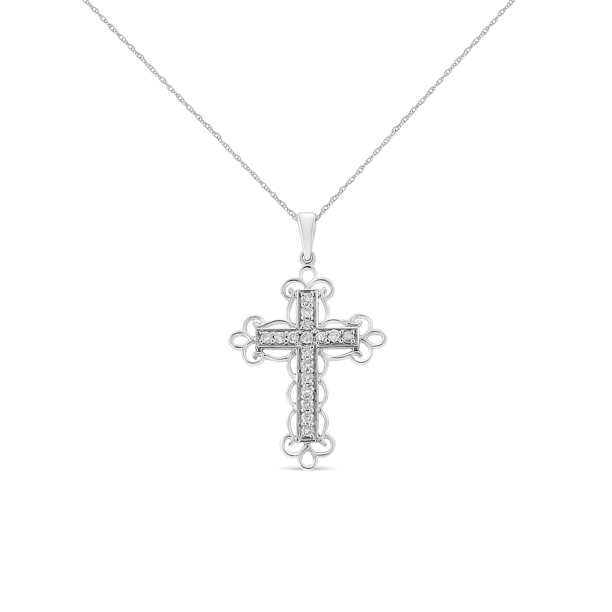 .925 Sterling Silver 1/4 Cttw Round Cut Diamond Art Deco Style Cross 18" Pendant Necklace (J-K Color, I2-I3 Clarity)