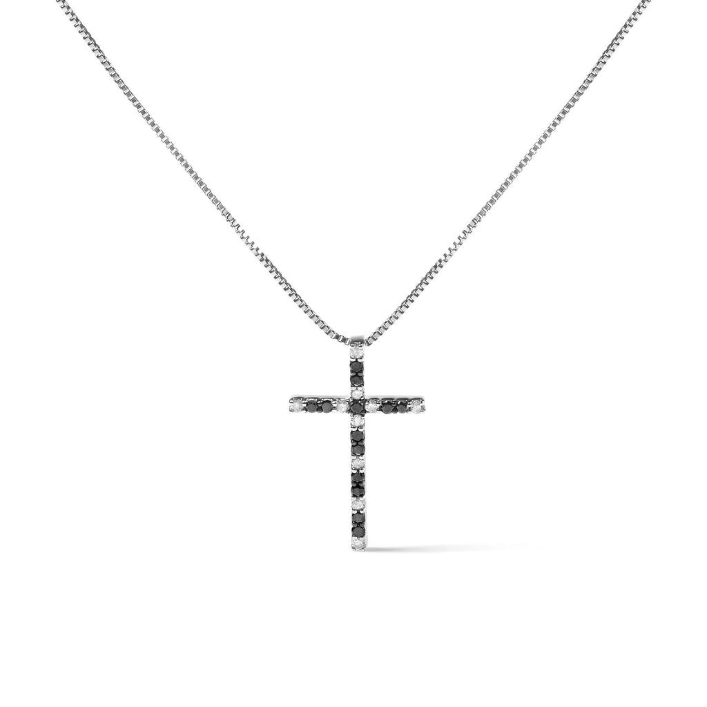 .925 Sterling Silver 1/4 Cttw Black and White Diamond Cross 18" Pendant Necklace (H-I Color, I2-I3 Clarity)