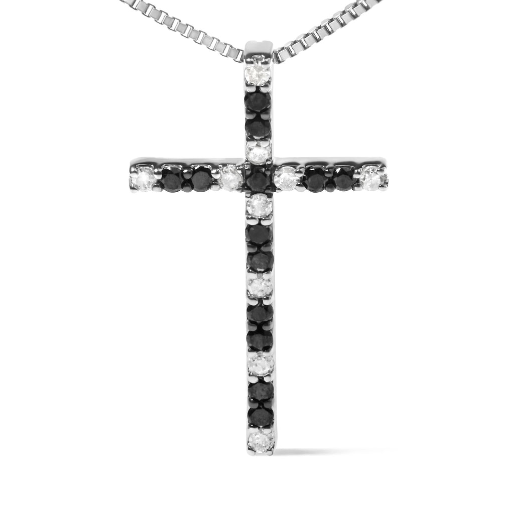 .925 Sterling Silver 1/4 Cttw Black and White Diamond Cross 18" Pendant Necklace (H-I Color, I2-I3 Clarity)