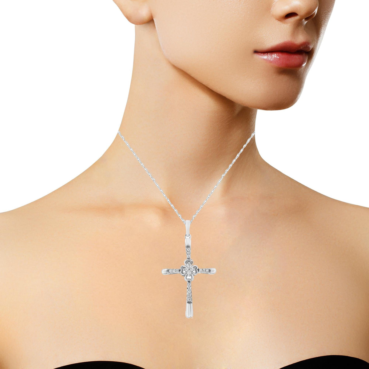 .925 Sterling Silver 1/10 Cttw Prong Set Diamond Cross 18" Pendant Necklace - (I-J Color, I3-Promo Quality)
