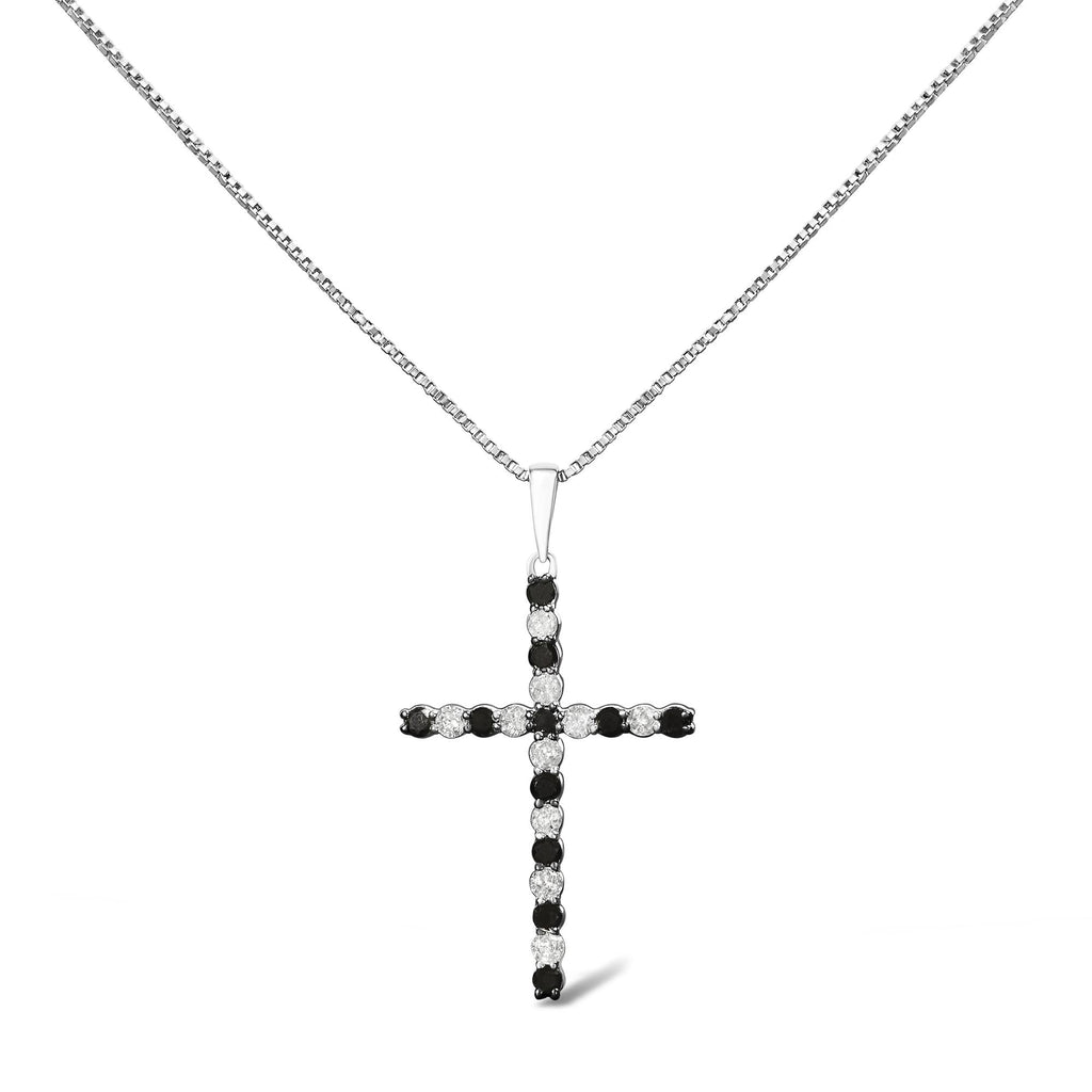 .925 Sterling Silver 1/2 Cttw Alternating Black and White Diamond Cross Pendant Necklace (H-I Color, I2-I3 Clarity) - 18" Inches