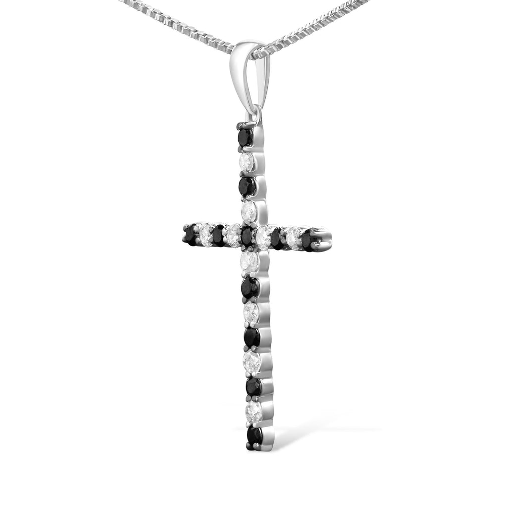 .925 Sterling Silver 1/2 Cttw Alternating Black and White Diamond Cross Pendant Necklace (H-I Color, I2-I3 Clarity) - 18" Inches