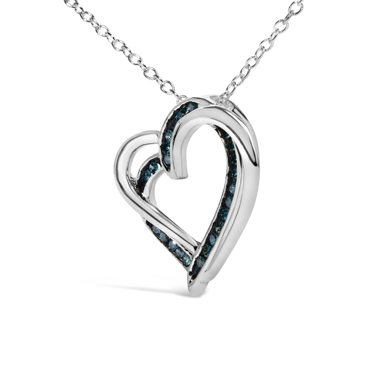 925 Sterling Silver 1/10 Cttw Treated Blue Diamond Double Heart 18" Pendant Necklace (Blue Color, I2-I3 Clarity)