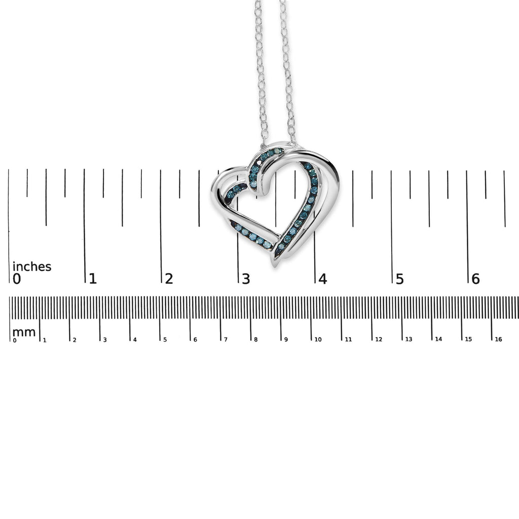 925 Sterling Silver 1/10 Cttw Treated Blue Diamond Double Heart 18" Pendant Necklace (Blue Color, I2-I3 Clarity)