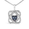 .925 Sterling Silver 3/8 Cttw Blue Diamond Heart and Woven Halo 18" Pendant Necklace (Blue Color, I1-I2 Clarity)
