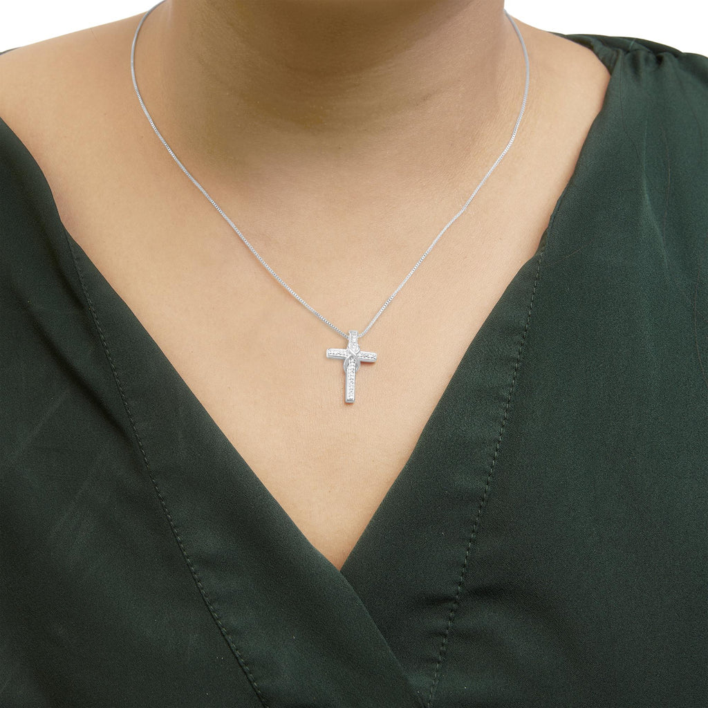 .925 Sterling Silver 1/10 Cttw Diamond Inlaid Cross with Ribbon Pendant Necklace (I-J Color, I2-I3 Clarity) - 18"