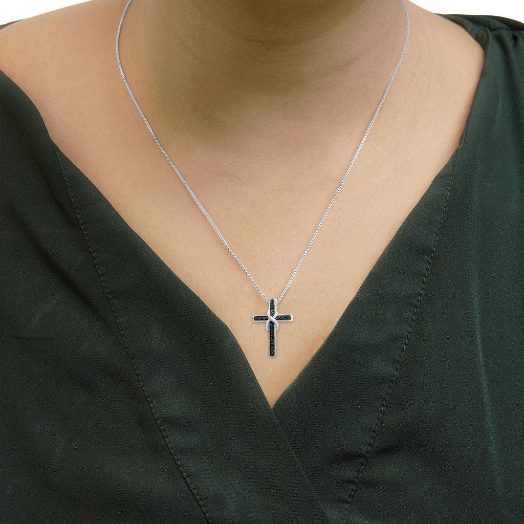 .925 Sterling Silver 1/10 Cttw Blue Diamond Inlaid Cross with Ribbon Pendant Necklace (Blue Color, I2-I3 Clarity) - 18"