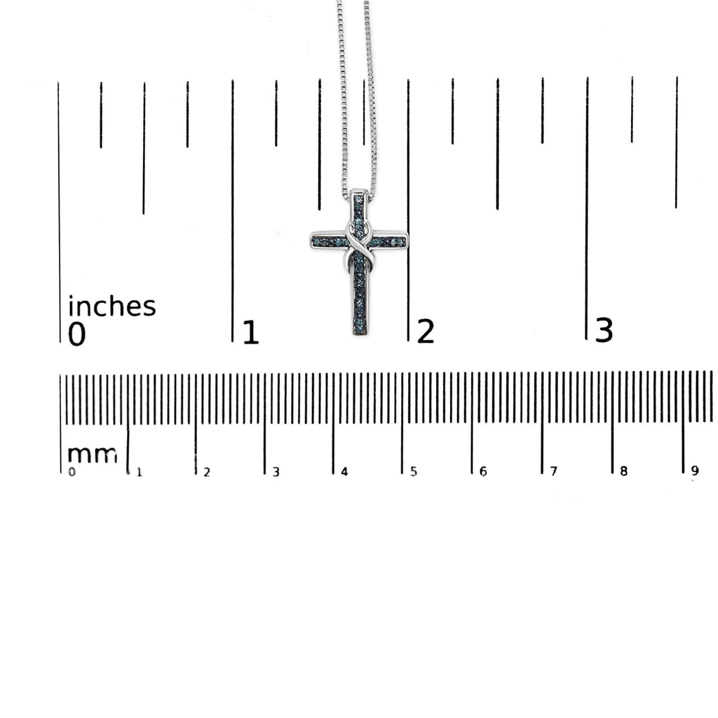 .925 Sterling Silver 1/10 Cttw Blue Diamond Inlaid Cross with Ribbon Pendant Necklace (Blue Color, I2-I3 Clarity) - 18"