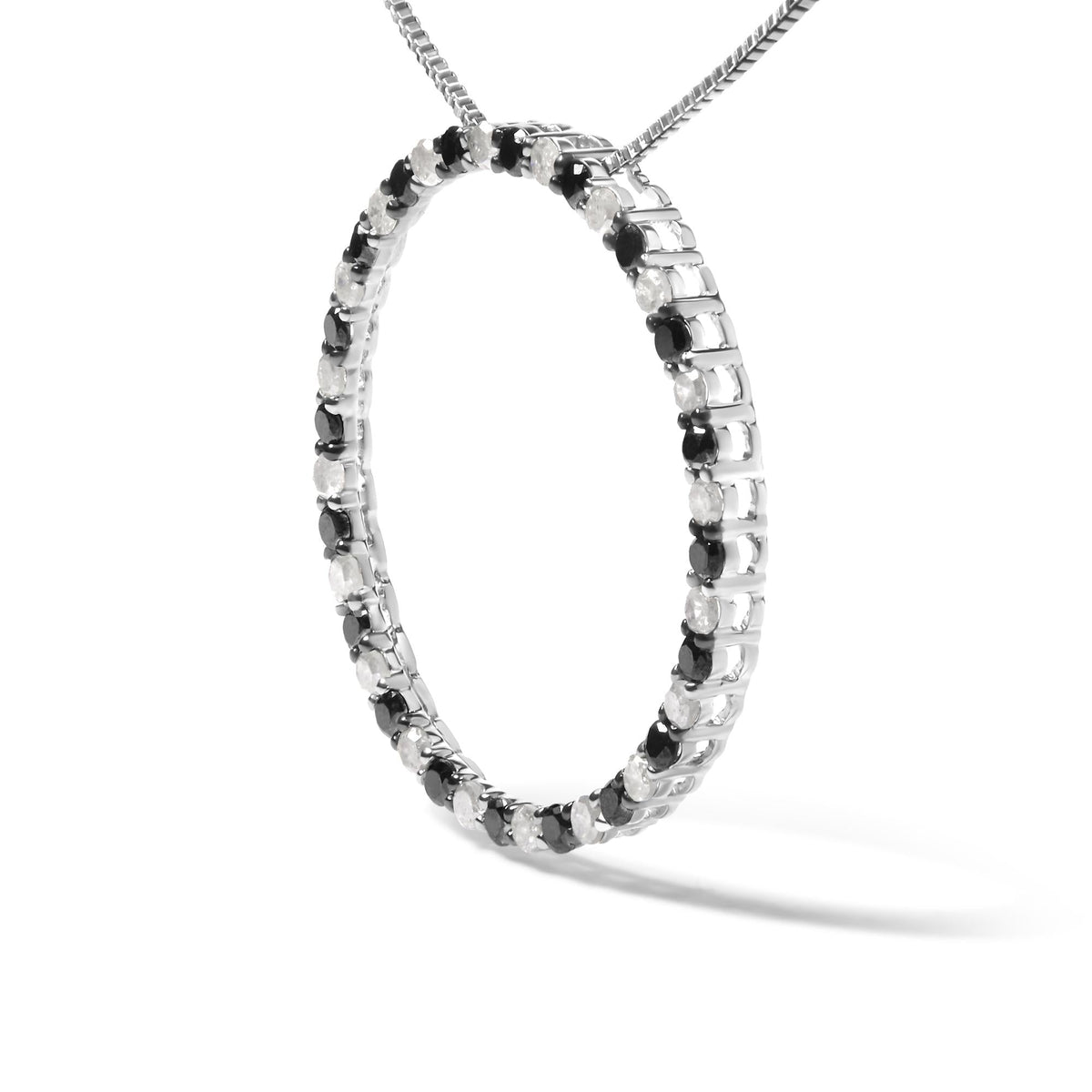.925 Sterling Silver 1.0 Cttw Alternating Black and White Diamond Open Hoop Circle Pendant Necklace - 18" Inches