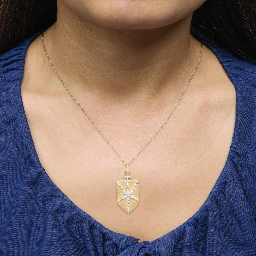 14KT Yellow Gold Plated Sterling Silver 1/2 Cttw Diamond Shield Star Medallion Pendant Necklace