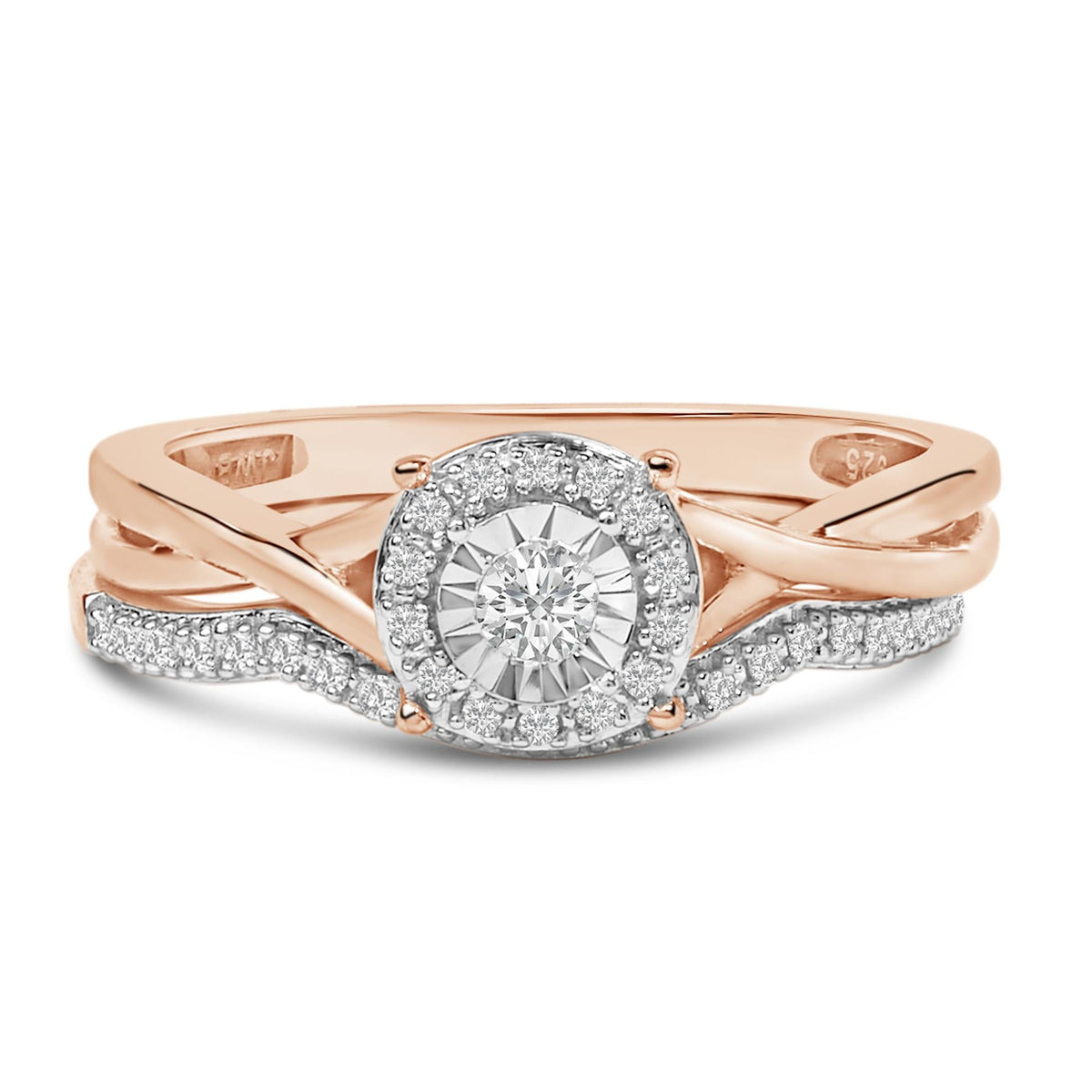 14K Rose Gold Plated Sterling Silver 1/6 Cttw Diamond Round Halo Bridal Set