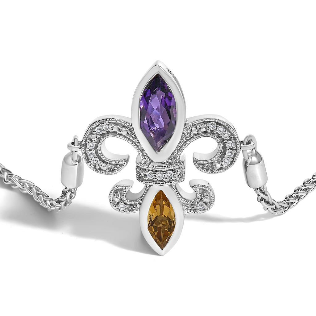 .925 Sterling Silver Marquise Purple Amethyst, Orange Citrine, and Diamond Accent Lariat 4”-10” Fleur De Lis Adjustable Bolo Bracelet (I-J Color, I1-I2 Clarity)