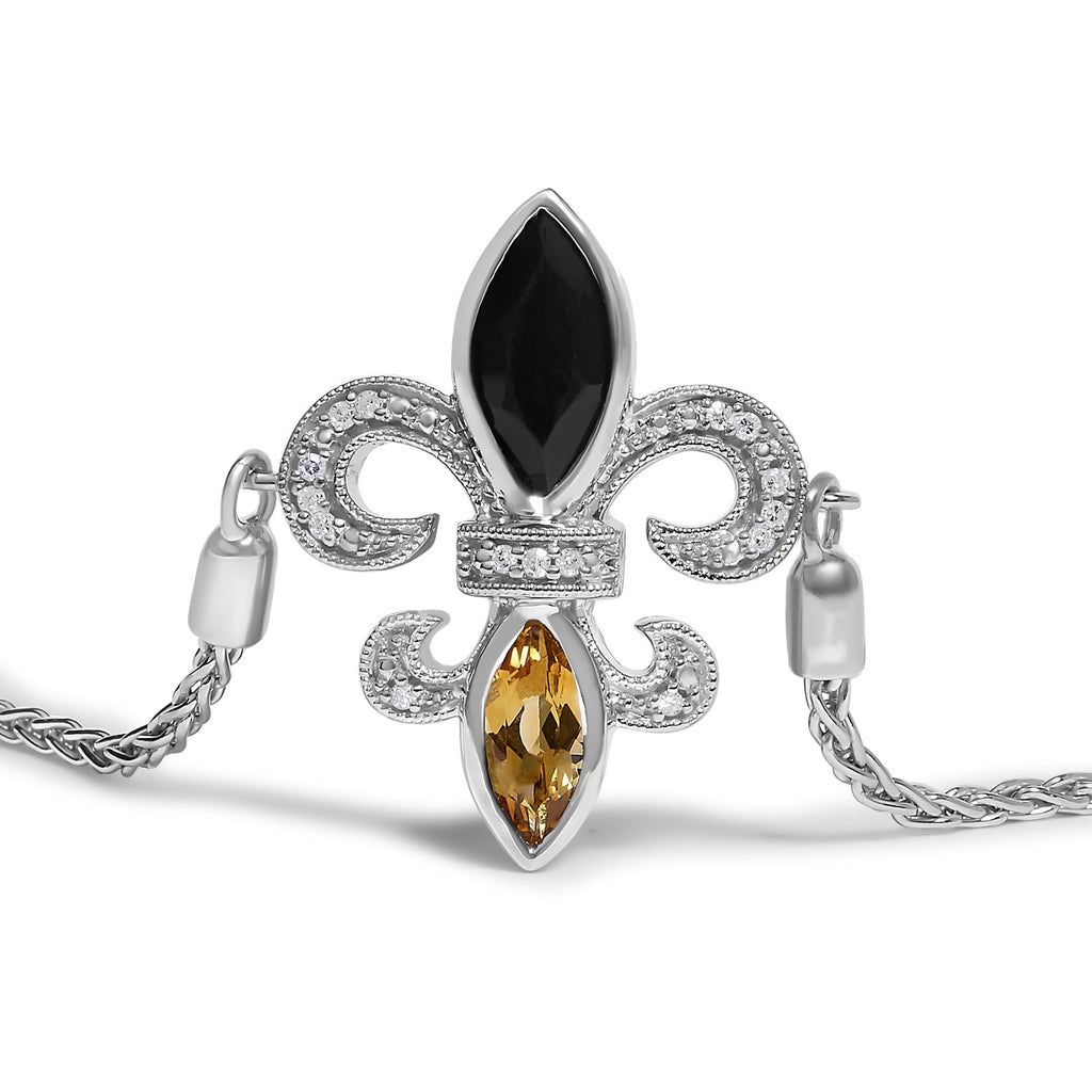 .925 Sterling Silver Marquise Black Onyx, Orange Citrine, and Diamond Accent Lariat 4”-10” Fleur De Lis Adjustable Bolo Bracelet (I-J Color, I1-I2 Clarity) - 7"