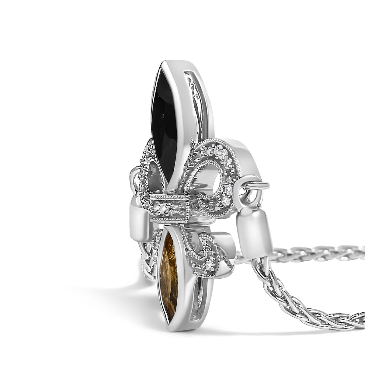 .925 Sterling Silver Marquise Black Onyx, Orange Citrine, and Diamond Accent Lariat 4”-10” Fleur De Lis Adjustable Bolo Bracelet (I-J Color, I1-I2 Clarity) - 7"