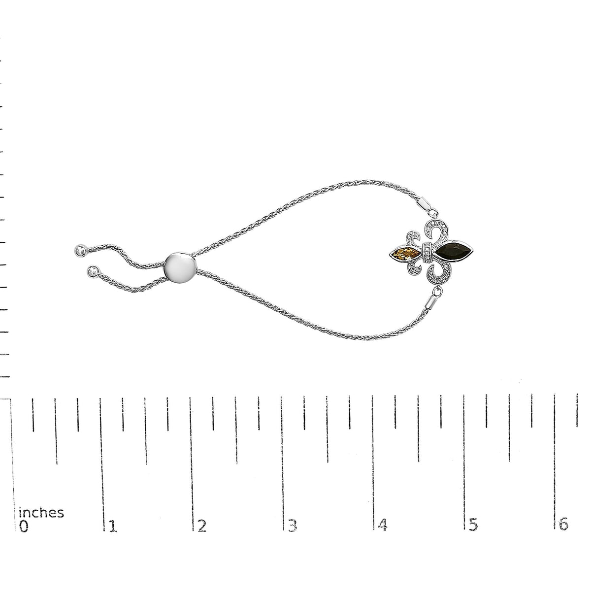 .925 Sterling Silver Marquise Black Onyx, Orange Citrine, and Diamond Accent Lariat 4”-10” Fleur De Lis Adjustable Bolo Bracelet (I-J Color, I1-I2 Clarity) - 7"