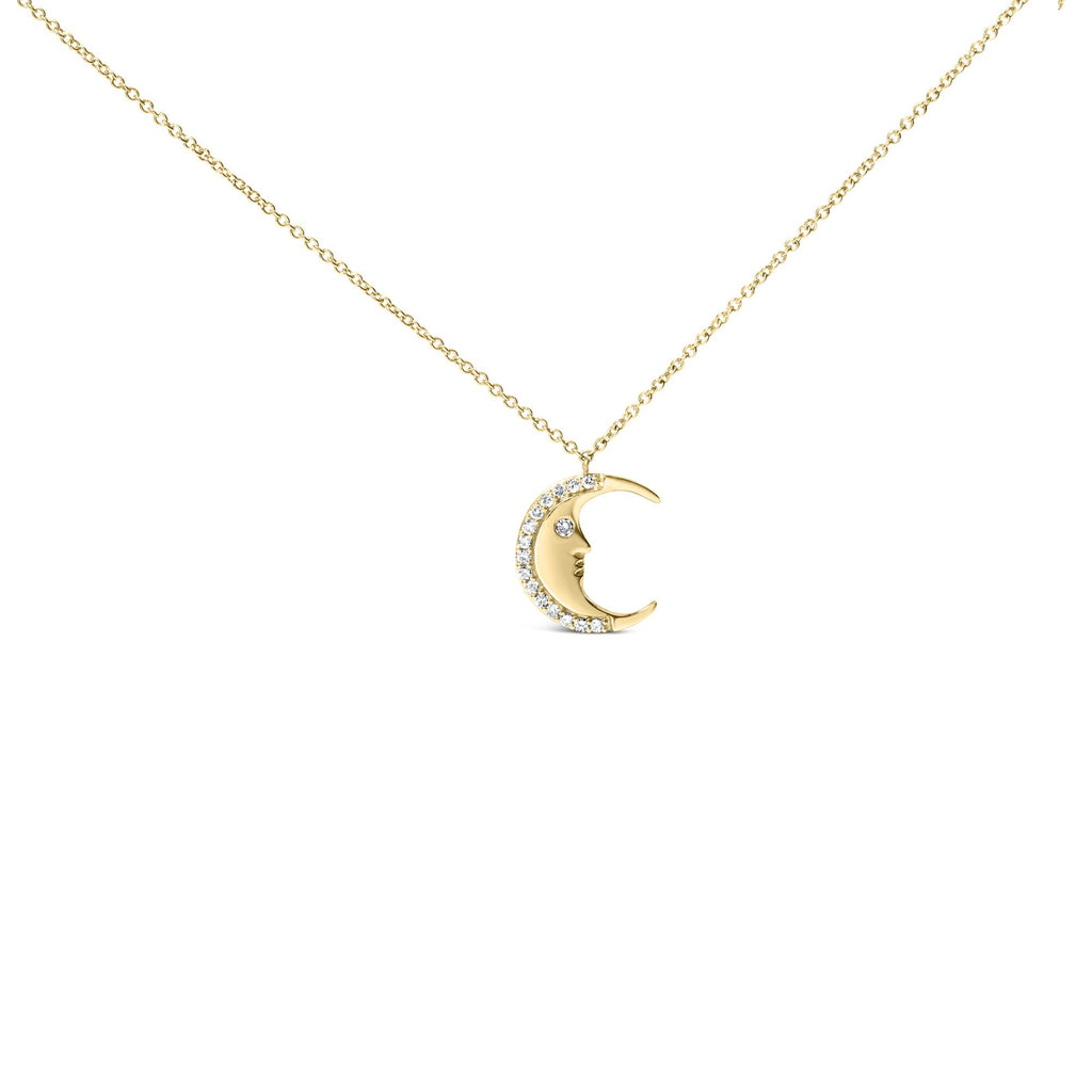 14K Yellow Gold 1/10 Cttw Diamond Crescent Man on the Moon 18" Pendant Necklace (H-I Color, SI1-SI2 Clarity)