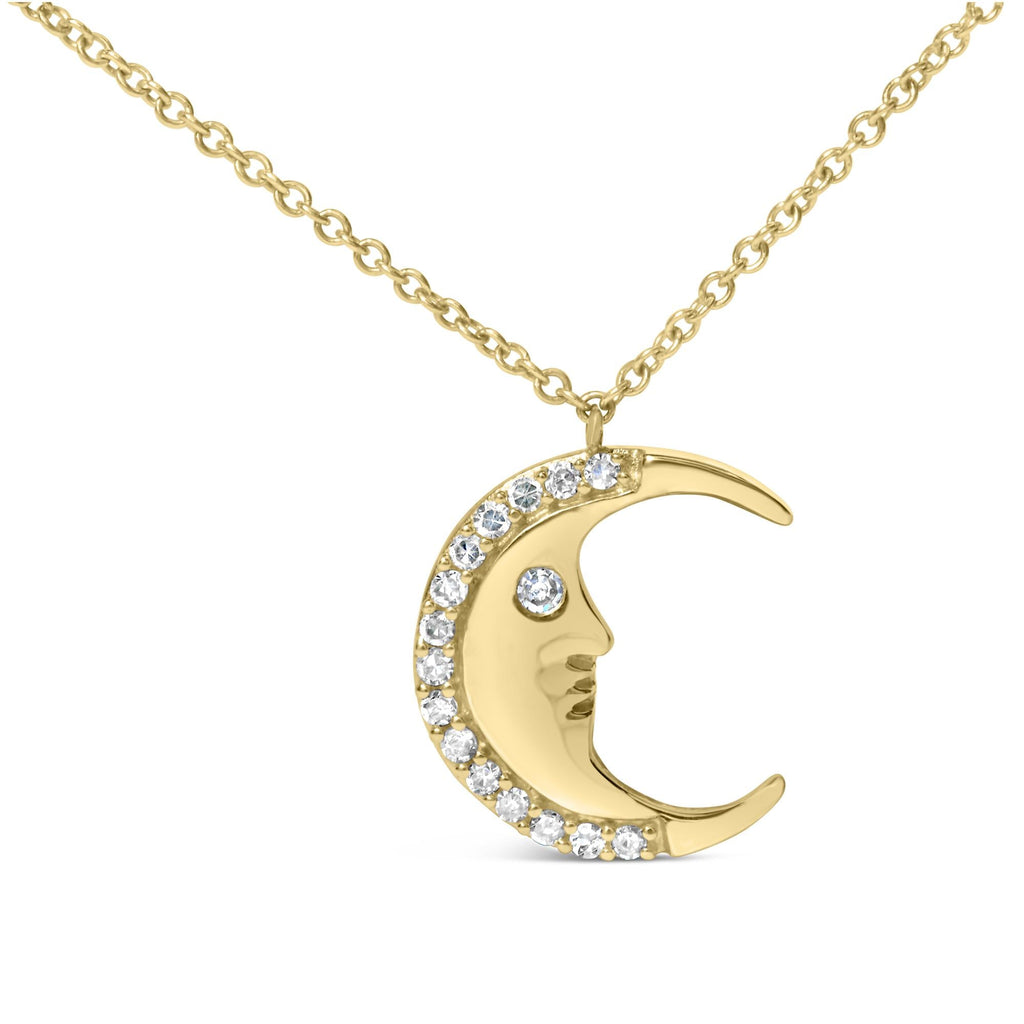 14K Yellow Gold 1/10 Cttw Diamond Crescent Man on the Moon 18" Pendant Necklace (H-I Color, SI1-SI2 Clarity)