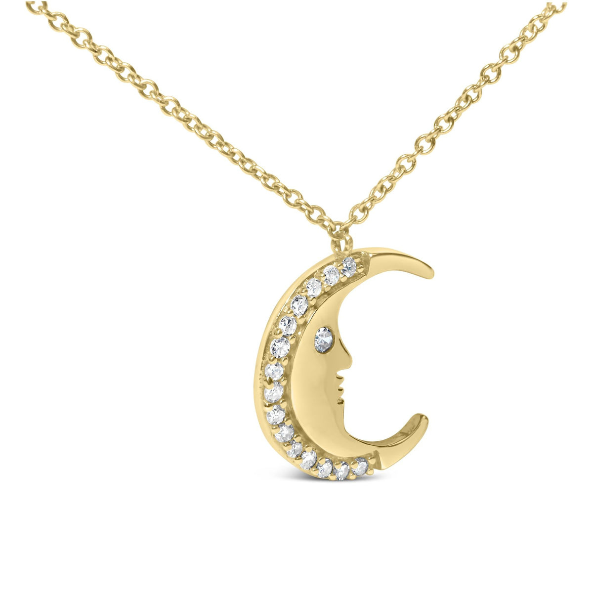 14K Yellow Gold 1/10 Cttw Diamond Crescent Man on the Moon 18" Pendant Necklace (H-I Color, SI1-SI2 Clarity)