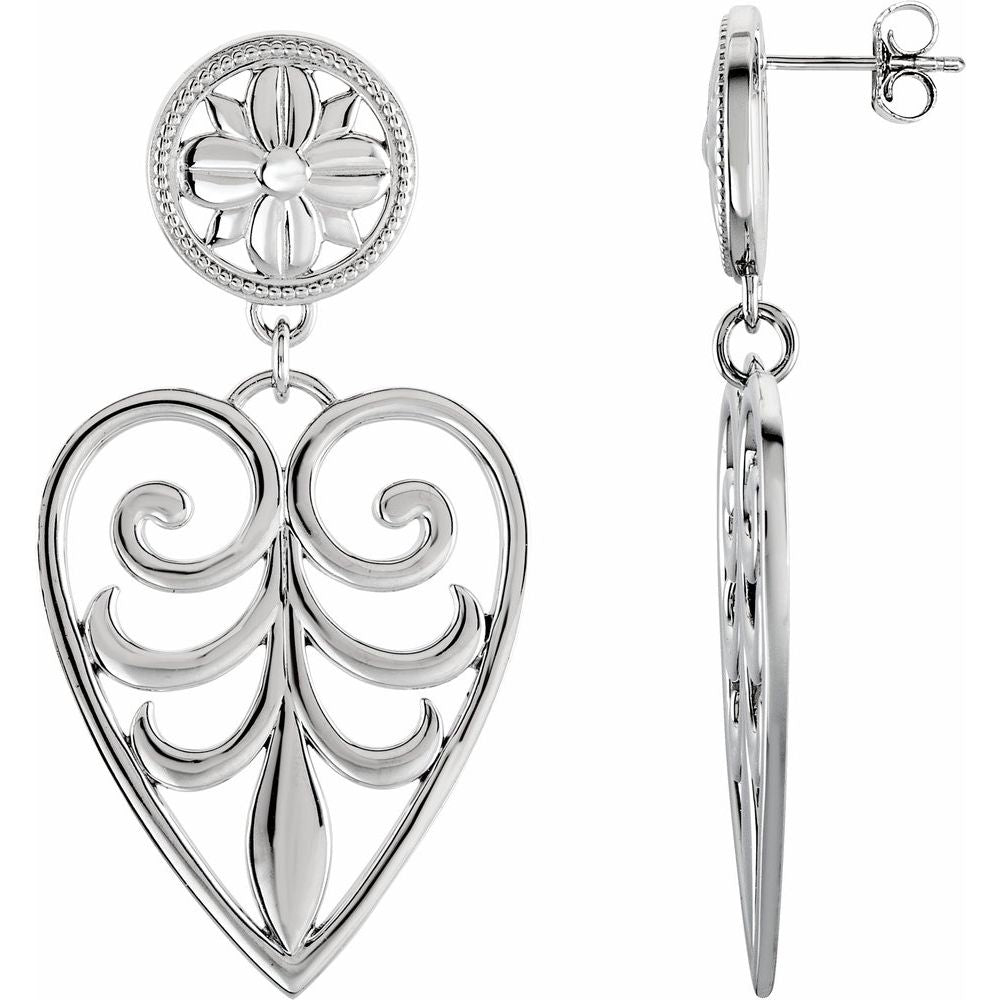 Sterling Silver & 14K White Gold Filigree Heart Earrings
