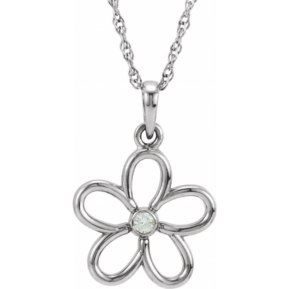 Sterling Silver .03 CT Natural Diamond Flower 18" Necklace